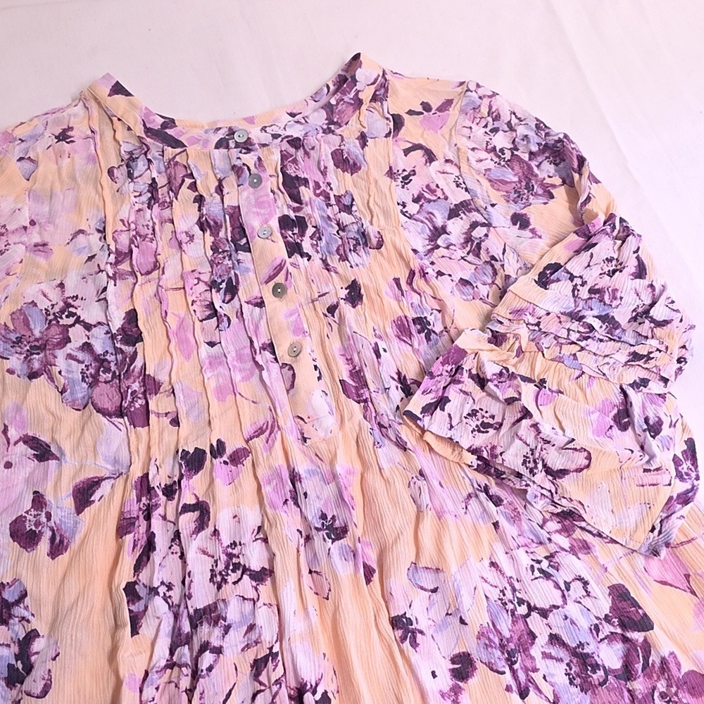 J. Jill Tunic Top Womens XL Purple Floral Pintuck Ruffle Sleeve Rayon Boho